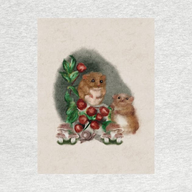 Adorable Baby Woodland Mice Play on the Forest Floor With Mushrooms, Snails, and Red Barries in this Cottagecore Watercolor by penandbea